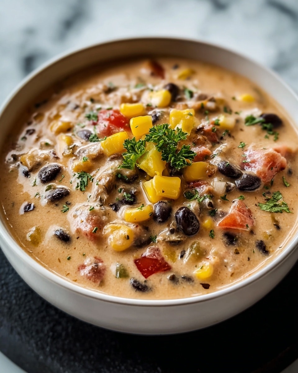 A close-up of a bowl filled with a creamy soup that has a thick texture. The soup has layers of beige creamy liquid mixed with chunks of yellow corn, black beans, red tomato pieces, and bits of green pepper. On top, there are small pieces of diced yellow bell pepper and some parsley leaves for garnish. The white bowl rests on a white marbled surface, and the soup looks rich and hearty. photo taken with an iphone --ar 4:5 --v 7