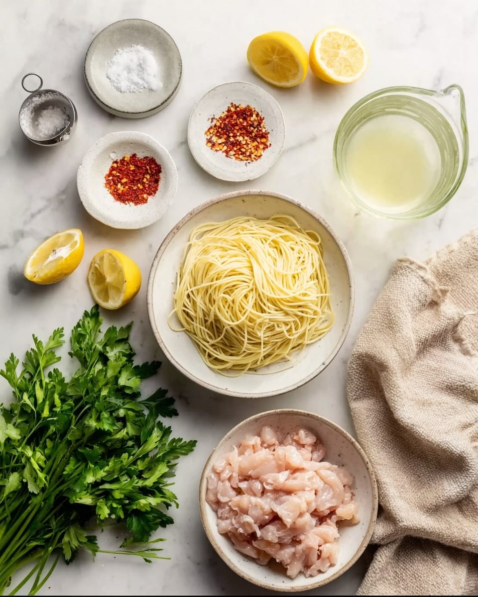 The image shows an overhead view of ingredients arranged on a white marbled surface. In the center, there is a white bowl filled with pale yellow spaghetti noodles. Below it, a white bowl holds light pink sliced raw meat. To the right of the bowls, a beige cloth holds a bunch of green parsley, two lemon halves stacked on top of each other, and a clear glass bowl with a pale yellow liquid. Above and around the bowls are small white and white marbled dishes with seasoning powders and red chili flakes. A small metal cup with white salt sits at the top left. The setting is softly lit and neatly arranged, evoking a fresh cooking prep scene. Photo taken with an iphone --ar 4:5 --v 7