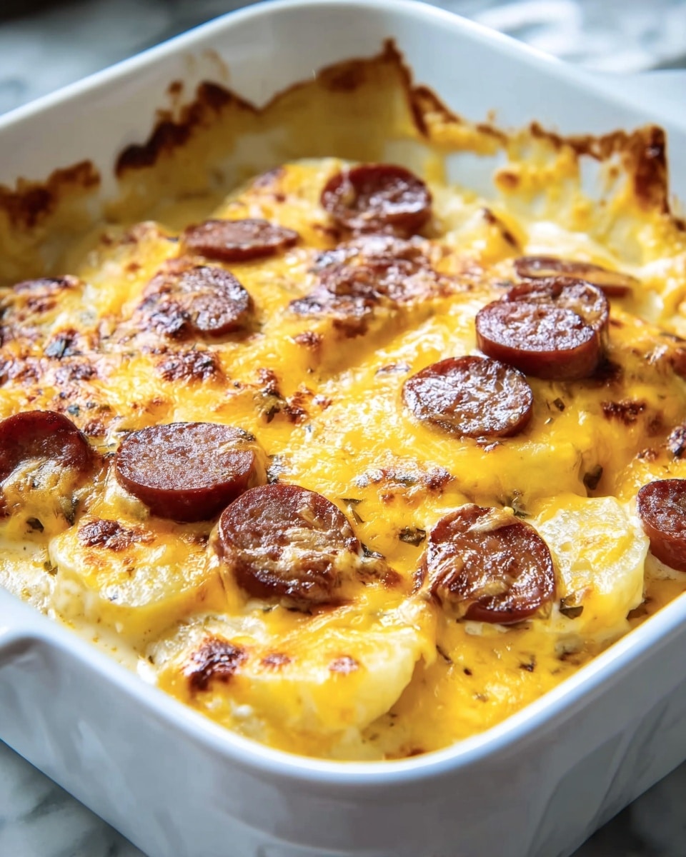 A white square dish filled with a creamy baked casserole, showing a top layer of melted golden yellow cheese with a slightly glossy and smooth texture. Scattered on top are round slices of browned sausage, which have a rich reddish-brown color with seared edges. Underneath, there is a thick layer of soft, pale yellow potatoes or similar ingredients covered by the cheese. The casserole edges have some browned cheesy spots, indicating baking. The dish is set on a white marbled surface photo taken with an iphone --ar 4:5 --v 7