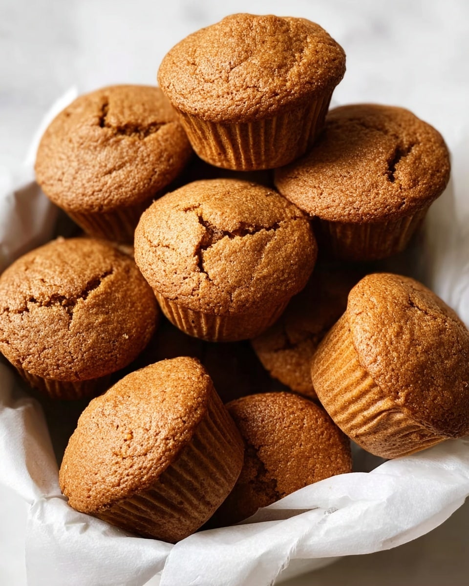 The image shows two brown muffins stacked on top of each other on a white marbled surface. The bottom muffin is whole with a smooth rounded top and a slightly textured golden-brown surface. The top muffin is broken in half, with its crumbly, soft interior clearly visible, showing a fine, moist texture in a lighter brown shade. The top muffin sits directly centered on the bottom one, creating a vertical stack with the exposed crumb facing forward. The background is softly blurred, giving focus to the muffins. Photo taken with an iphone --ar 4:5 --v 7