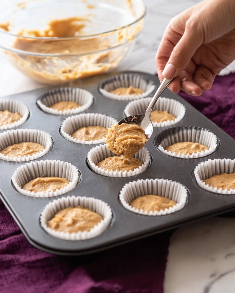 A dark gray muffin tray holds twelve white paper liners filled halfway with light brown batter that has a smooth and slightly airy texture. A woman's hand is using a silver spoon to scoop and spread more batter into one of the liners, showing a close-up of the action. Behind the tray, there is a clear glass mixing bowl with some batter clinging to the sides, on top of a white marbled surface with a deep purple cloth partly visible underneath. The lighting is bright and natural, highlighting the soft textures of the batter and the clean setup. photo taken with an iphone --ar 4:5 --v 7