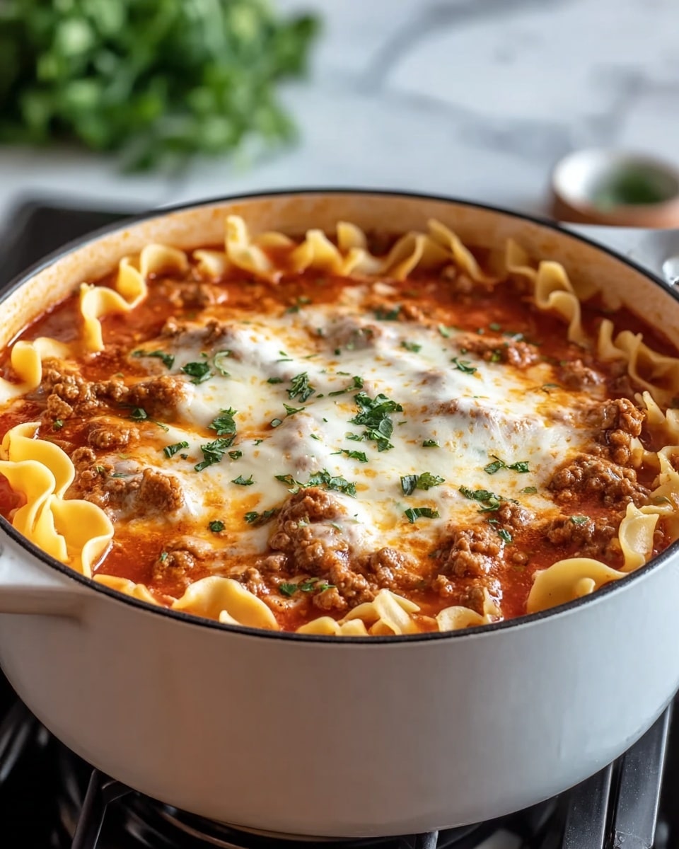 A close-up shows a white bowl filled with lasagna soup. The first layer is wavy pasta noodles in a light yellow color, sitting at the bottom and edges of the bowl. Above the noodles is a thick, rich tomato sauce with visible pieces of ground meat in brown color. On top of the meat and sauce, melted white cheese is spread unevenly, slightly browned in some spots. Small green basil leaves and chopped herbs are sprinkled on the cheese for color contrast. The bowl is placed on a white marbled surface. photo taken with an iphone --ar 4:5 --v 7