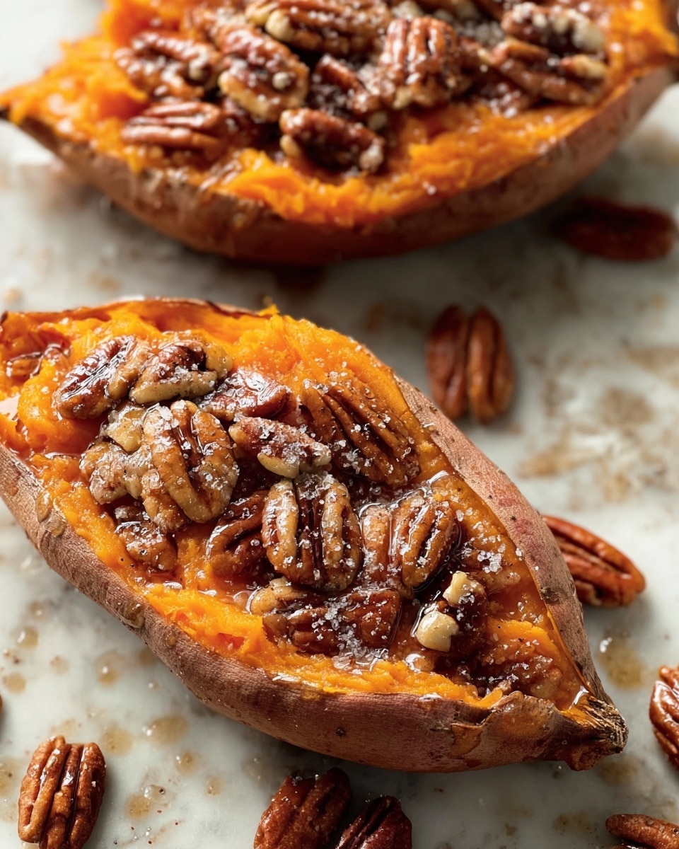 The image shows two sweet potato halves with a bright orange fluffy texture on the inside, placed on a white marbled surface. Each sweet potato half is topped with a generous layer of pecan nuts, which are rich brown with a glossy look. A light drizzle of syrup glistens over the pecans, adding a sticky shine, and a sprinkle of fine white sugar or spice dusts the top, enhancing the texture. The skin of the sweet potatoes has a natural brown roughness, creating a nice contrast with the smooth, vibrant orange filling and the shiny pecans. Scattered pecans are also visible on the white marbled background around the sweet potatoes, adding to the rustic presentation. Photo taken with an iphone --ar 4:5 --v 7
