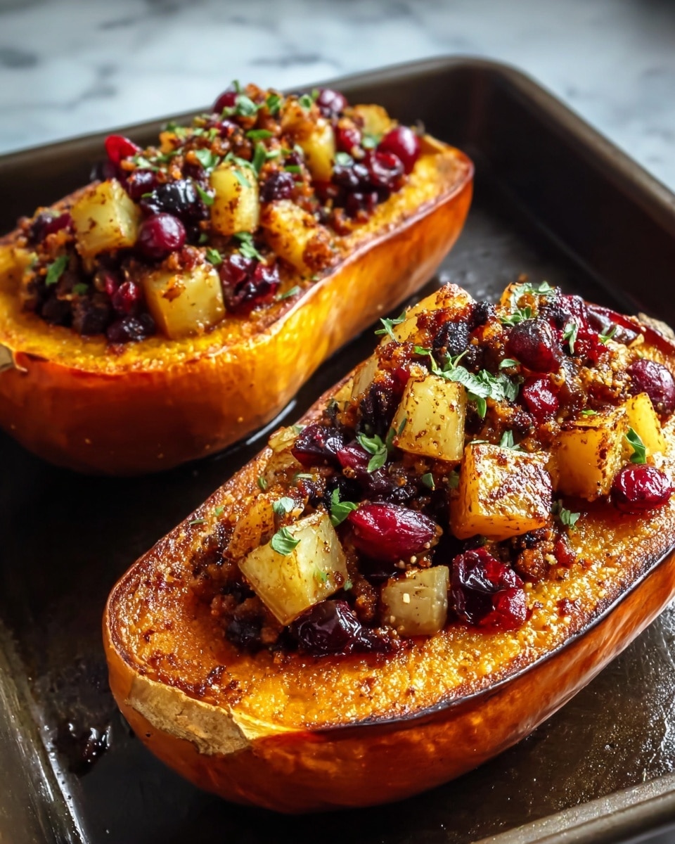 Two roasted orange squash halves lie side by side on a dark baking tray. Each half is hollowed out and filled with a mix of small cubed light yellow vegetables, deep red cranberries, and a dark spiced mixture that adds texture and contrast. Flecks of green herbs are scattered on top and around the filling. The toasted edges of the squash skin look firm and slightly wrinkled. A white marbled surface can be seen faintly in the background. Photo taken with an iphone --ar 4:5 --v 7