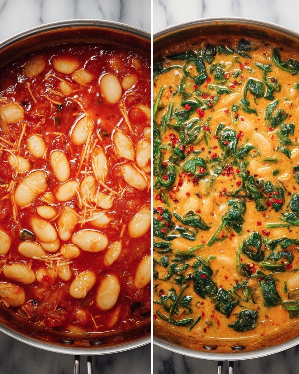 Two side-by-side close-up images show thick stews in metal pots set against a white marbled texture. The left pot holds a stew with large white beans floating in a rich red tomato sauce with some small shredded pieces and a shiny, oily surface. The right pot contains a creamy orange stew with white beans mixed throughout, bright green leafy spinach pieces, and small red chili flakes sprinkled on top, all surrounded by a light, smooth texture with flecks of black pepper. photo taken with an iphone --ar 4:5 --v 7