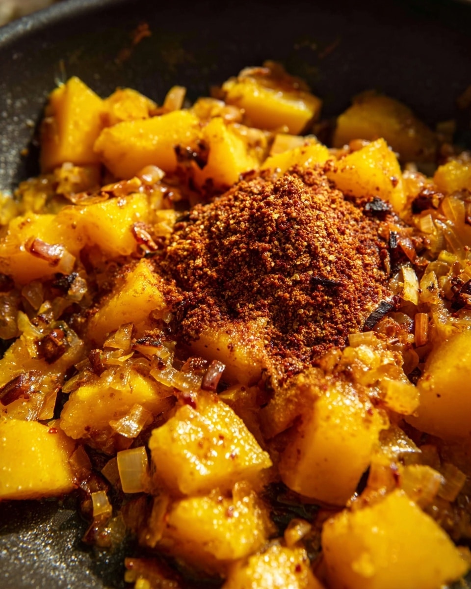 The image shows a close-up of a cooking pan filled with chunky yellow-orange pieces that look soft and sautéed, scattered with small bits of cooked onion. In the center, there is a mound of reddish and brown spices creating a dry textured layer on top of the yellow pieces. The light from the side highlights the glossy, slightly oily surface of the pieces, with some edges slightly darker from cooking. The background is out of focus, keeping attention on the pan and its contents. photo taken with an iphone --ar 4:5 --v 7