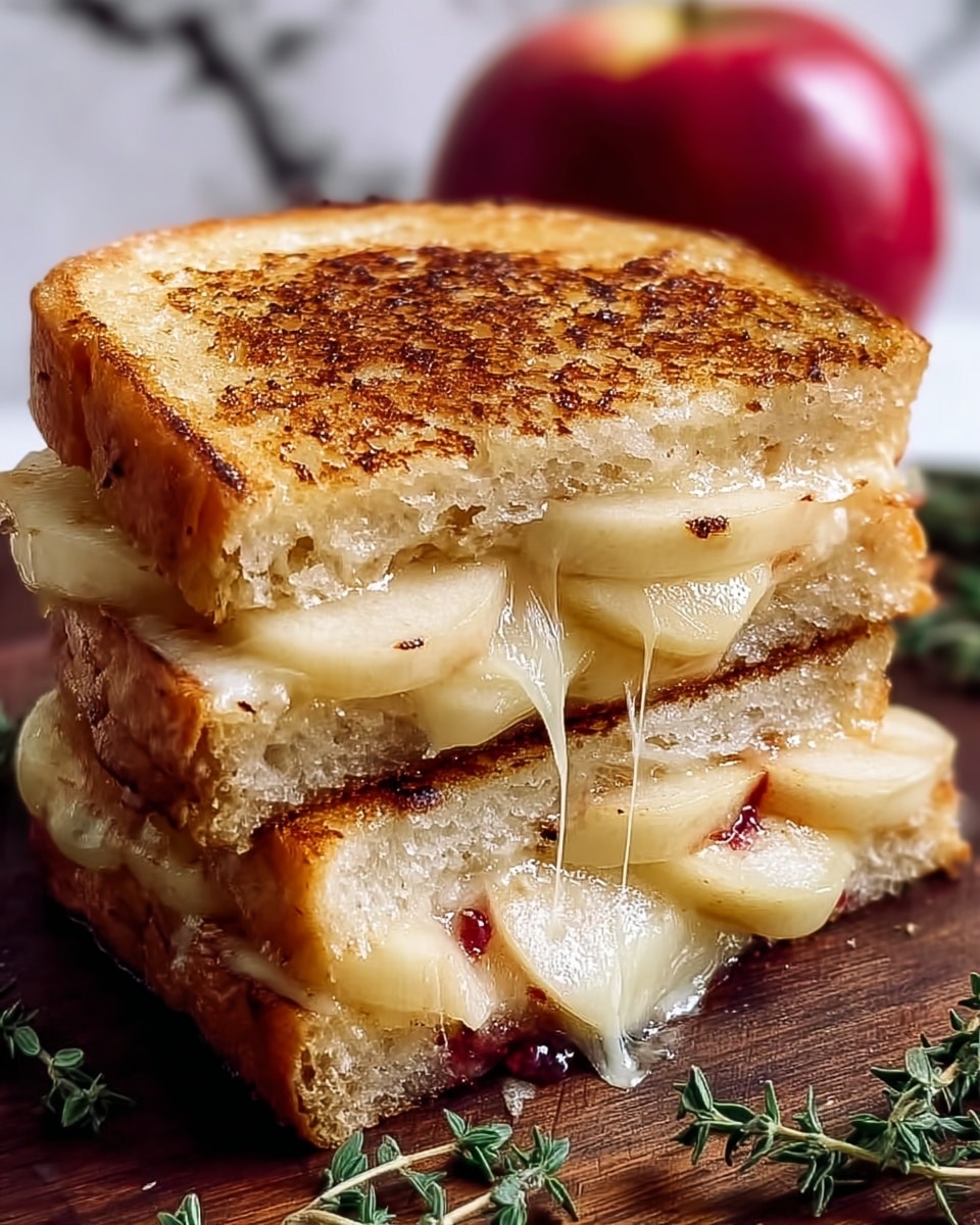 A close-up of a grilled sandwich cut in half and stacked, showing three layers of golden toasted white bread with a slightly crispy surface. Inside, there are two layers of melted light yellow cheese filling with slices of thin apple pieces that are pale with red skin edges, and a visible small streak of red jam or sauce peeking from the bottom layer. A small strand of melted cheese stretches out between the halves. The sandwich rests on a dark wooden surface with a few green herb sprigs scattered around. In the background, part of a whole red apple is slightly out of focus against a white marbled texture. Photo taken with an iphone --ar 4:5 --v 7