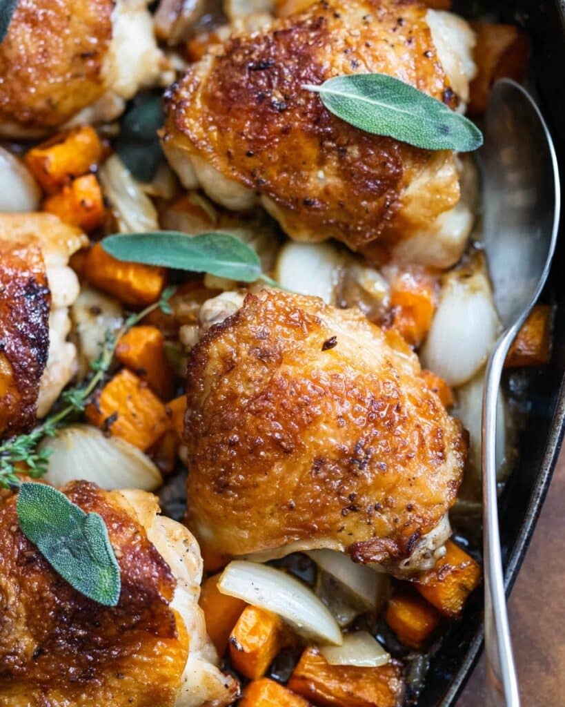 Maple-Glazed Chicken with Roasted Sweet Potatoes and Toasted Pecans Recipe