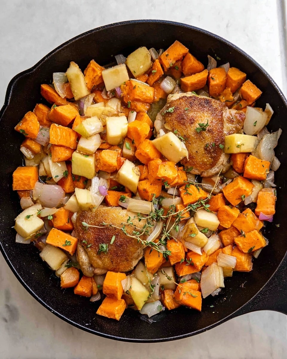 A black cast iron pan on a white marbled surface holds two cooked golden brown chicken thighs at the bottom layer. On top of the chicken, there is a thick layer of chopped vegetables consisting of large chunks of orange sweet potatoes, white onions, and smaller cubes of light yellow apples, sprinkled with green thyme leaves. The colors contrast well with the dark pan, showing a rustic and hearty dish. photo taken with an iphone --ar 4:5 --v 7