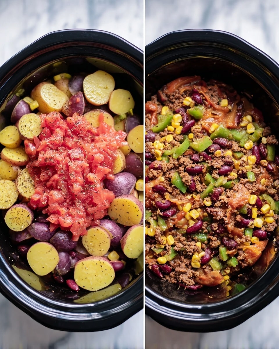 The image shows two views of a dish in a black slow cooker on a white marbled surface. On the left, the dish has many raw layers: a bottom layer of small round slices of purple-skinned yellow potatoes, yellow corn kernels, dark red kidney beans, and diced green bell peppers. On top sits a large mound of chopped red tomatoes sprinkled with black pepper. On the right, the ingredients are cooked and mixed: the potato slices remain visible along with the kidney beans, corn, and diced green peppers, now combined with cooked crumbled brown ground meat and softened tomatoes, all layers blending with warm colors and textures. Photo taken with an iphone --ar 4:5 --v 7