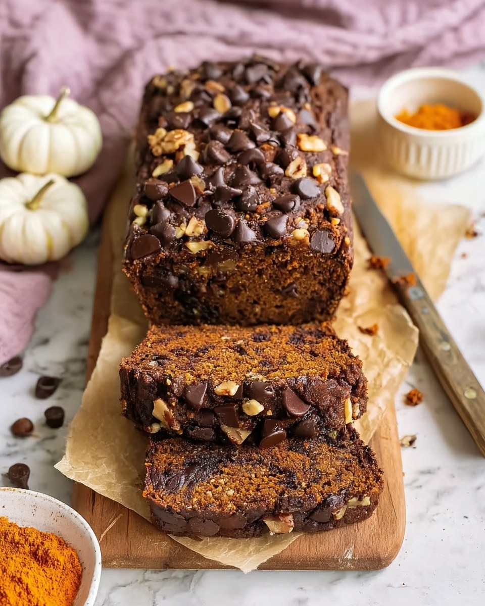 A loaf of moist, dark brown bread packed with large dark chocolate chips and bits of nuts throughout. The top of the bread is covered with more chocolate chips and chopped nuts, giving it a textured, chunky look. Two thick slices are cut from the loaf, showing the dense, rich interior with chocolate and nut pieces evenly spread inside. The bread rests on brown parchment paper on a wooden board, with a white marbled surface underneath. Nearby, a white bowl with orange powder and a knife with a wooden handle are visible, along with a light purple cloth and small white pumpkins in the background. photo taken with an iphone --ar 4:5 --v 7
