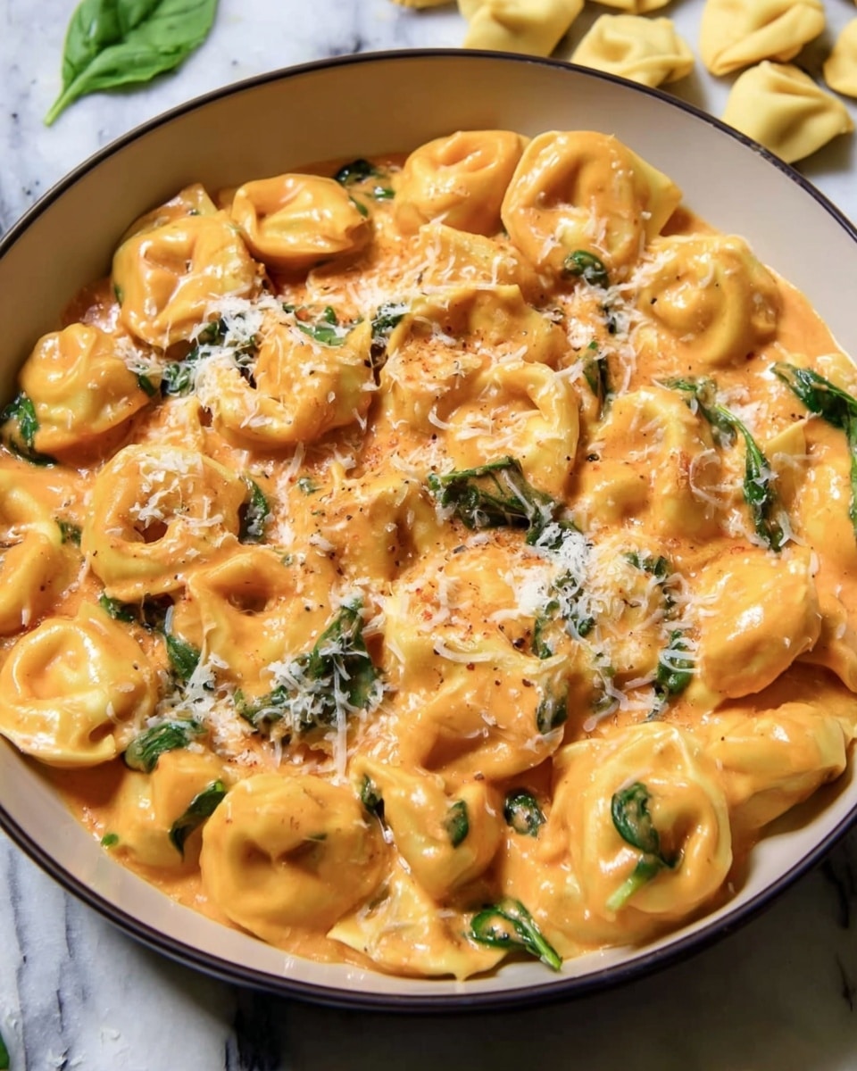 A close-up view of a round black bowl filled with creamy tortellini pasta in an orange-colored sauce. The tortellini are plump and golden yellow, mixed with pieces of white meat chicken coated in the sauce. There are small green basil leaves scattered on top along with some finely grated cheese. The bowl is placed on a rich wooden surface with shredded cheese on one side and a block of cheese in the top corner, along with some fresh basil leaves nearby. photo taken with an iphone --ar 4:5 --v 7