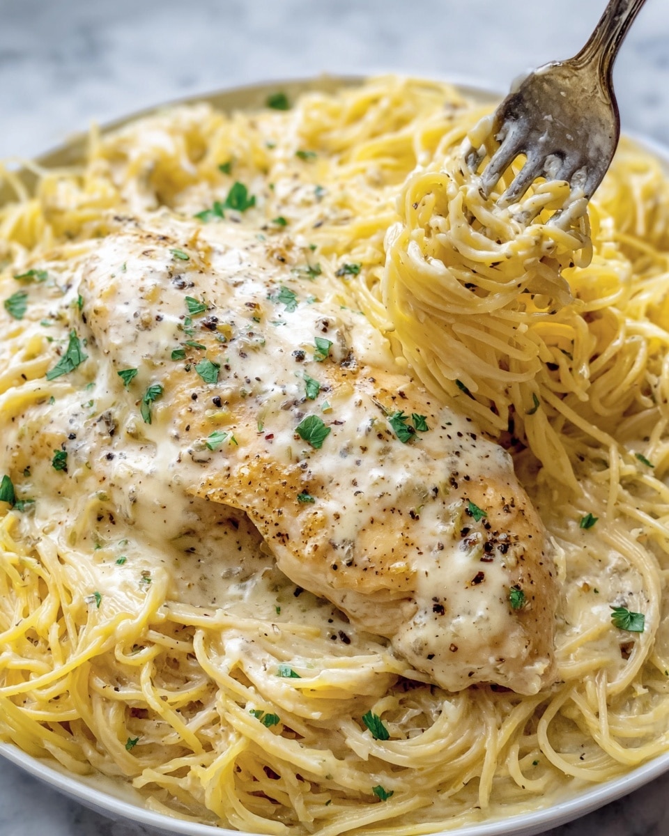 A white plate filled with thin yellow spaghetti noodles covered in a creamy white sauce, topped with a single large piece of light golden-browned chicken laying on top of the pasta. The sauce looks smooth and rich, speckled with black pepper and bits of green herbs sprinkled on top. Spaghetti noodles are gathered in a fork, showing their soft texture and sauce coating. The plate sits on a white marbled surface. photo taken with an iphone --ar 4:5 --v 7