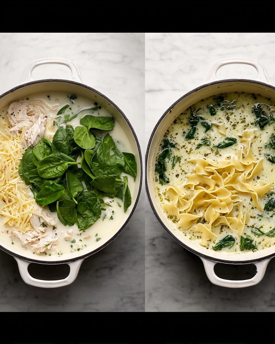 The image shows two white pots side by side on a white marbled surface, each filled with creamy soup in the cooking process. The left pot contains a white creamy broth with shredded white meat on the left, shredded cheese below it, and fresh green spinach leaves piled on the right side, all floating over the creamy base. The right pot shows the same creamy soup but now mixed with green spinach pieces scattered throughout and flat, wide noodles with wavy edges and some sharp corners floating on the surface. Both pots have soup with tiny herbs sprinkled, and the overall color palette includes creamy white, dark green, and pale yellow noodles. Photo taken with an iphone --ar 4:5 --v 7