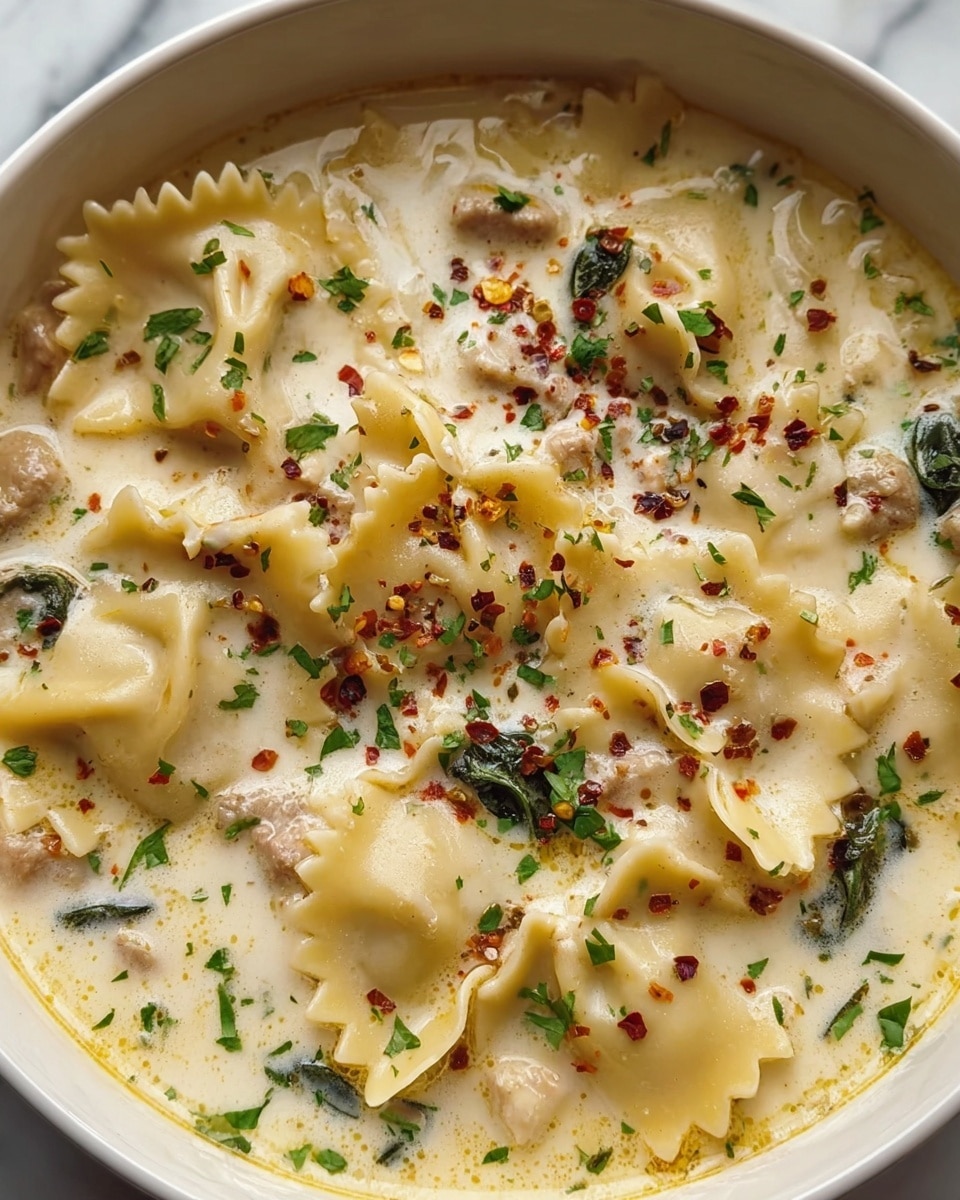 A close-up view of a white bowl filled with creamy pasta soup, featuring several large, soft pasta pieces with ruffled edges floating in a thick, light yellow cream sauce. Small chunks of light-colored cooked meat and dark green leafy herbs are spread evenly throughout the soup. There is a light sprinkle of crushed red chili flakes and chopped parsley on top, adding red and green specks on the creamy surface. The white bowl is placed on a white marbled surface. Photo taken with an iphone --ar 4:5 --v 7