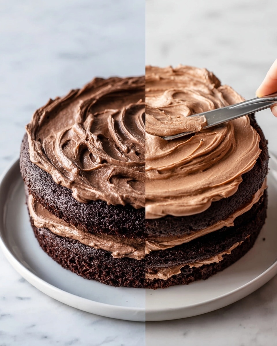 The image shows a two-layer chocolate cake on a white plate with a white marbled surface background. The cake layers are dark brown with a thick, smooth layer of light to medium brown chocolate frosting spread evenly between them and on top. A woman's hand is spreading the frosting on the top layer with a metal spatula, creating swirled patterns in the creamy frosting. The cake looks moist and the frosting texture is soft and rich. Photo taken with an iphone --ar 4:5 --v 7