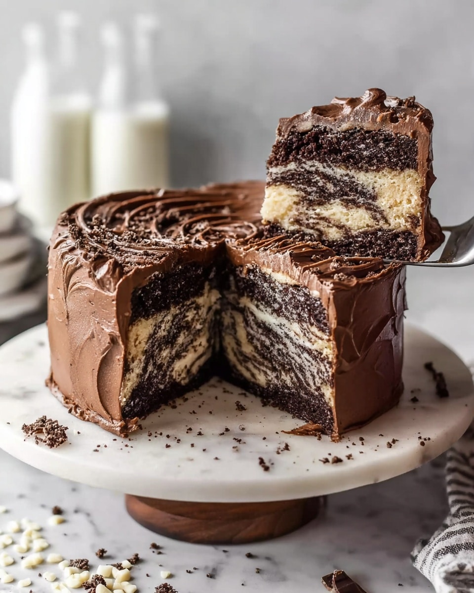 A round chocolate cake sits on a white marble board with a dark wooden base, with one slice lifted on a metal spatula by a woman's hand. The cake has two thick layers of dark brown and white marble patterned sponge, separated by a thick layer of smooth, dark chocolate frosting. The outside of the cake is fully covered with the same chocolate frosting, which has a textured, swirled pattern on the top. Chocolate crumbs and white chocolate shavings are scattered around the base of the cake on the white marbled surface. In the background, there are blurred white bottles of milk. photo taken with an iphone --ar 4:5 --v 7