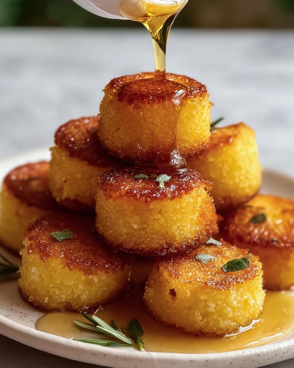 A close-up of a stack of nine golden brown, small round cakes with a crispy outside and soft, moist inside showing sponge texture. The cakes are placed on a white plate with syrup poured over them, creating a shiny, sticky surface with some syrup dripping on the sides. Small green herb leaves are scattered on and around the cakes for decoration. A woman's hand is slowly pouring more syrup onto the top cake, catching the light, adding a glossy sheen to the cakes. The background features a soft, out-of-focus white marbled texture. photo taken with an iphone --ar 4:5 --v 7
