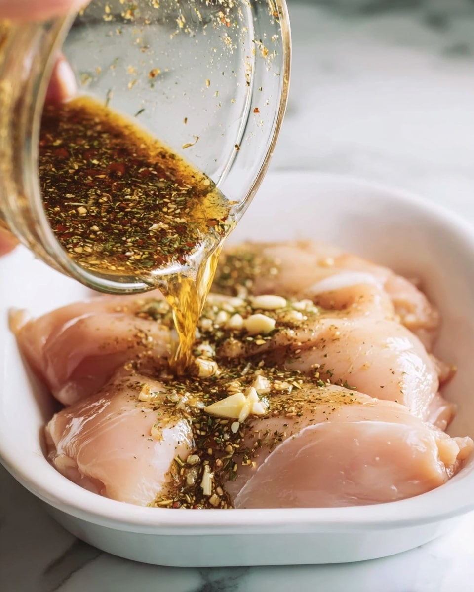 A woman's hand holding a clear glass bowl tilted over four raw pale pink chicken pieces in a white dish. Inside the bowl is a brownish liquid mixed with green and yellow herbs and small pieces of garlic being poured over the chicken. The chicken pieces have a smooth, slightly shiny texture where the sauce touches them. The background shows a white marbled surface, softly lit with natural light. photo taken with an iphone --ar 4:5 --v 7