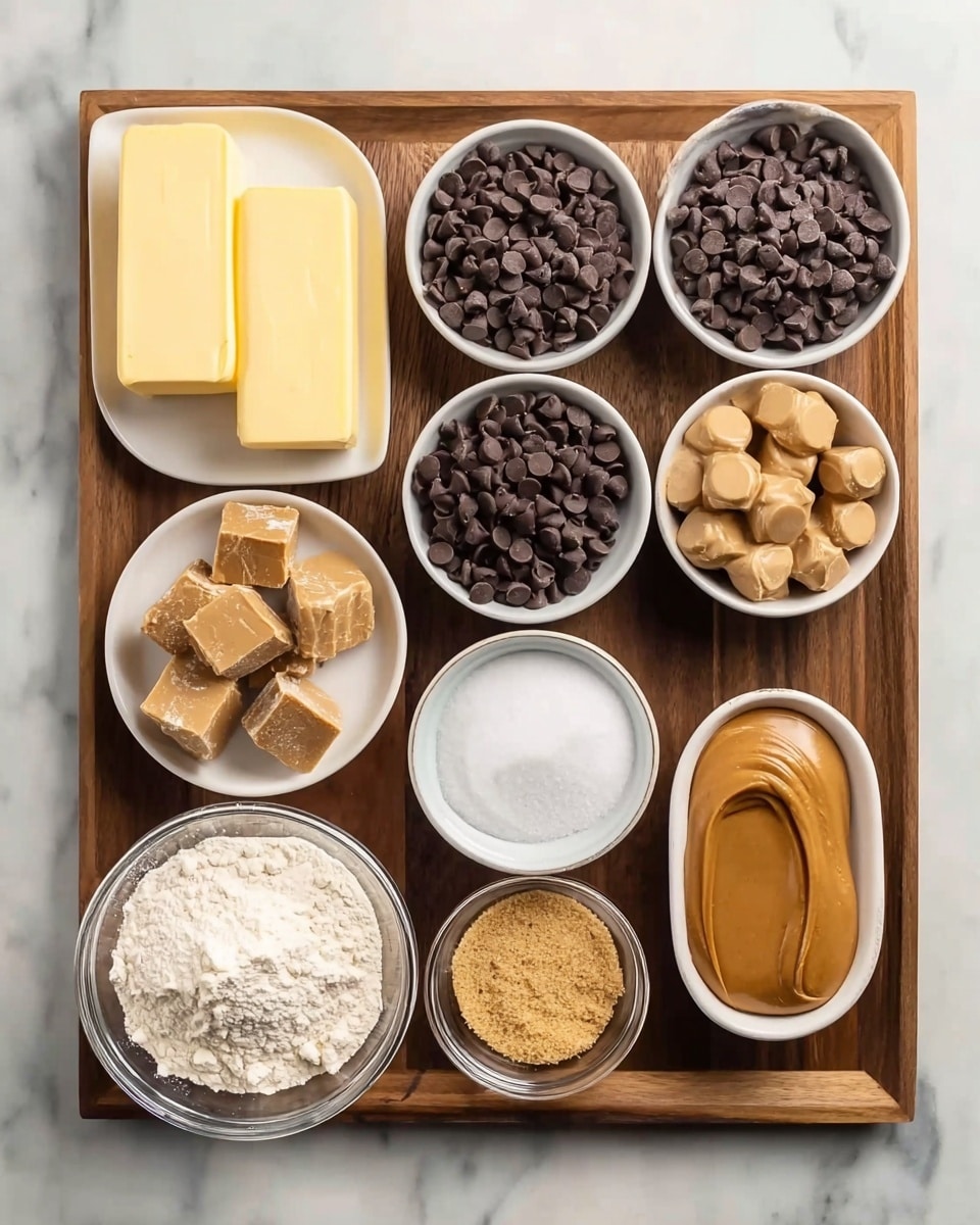 The image shows a wooden tray holding ten white dishes with different baking ingredients arranged in a loose grid. On the top row from left to right are two rectangular sticks of yellow butter on a round dish, a small round dish full of dark chocolate chips, a smaller round dish with fewer chocolate chips, and an oval dish with smooth brown peanut butter. Below on the next row from left to right are a round glass bowl filled with white flour, a round dish with light brown caramel squares, a tiny round bowl of white salt, a small bowl of chocolate chips with some scattered, and a small glass bowl of golden brown sugar. The tray sits on a white marbled surface photo taken with an iphone --ar 4:5 --v 7