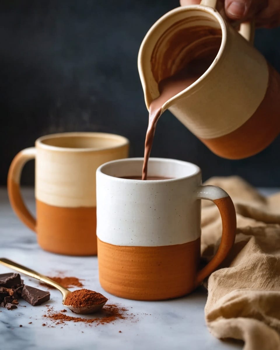 A woman's hand is holding a light beige ceramic pitcher, pouring warm brown hot chocolate into a white mug with a smooth, solid burnt orange lower half and handle, sitting on a white marbled surface. Behind the first mug, there is a second matching mug, slightly out of focus. Next to the mugs are scattered clumps of dark brown and light brown cocoa powders and a white spoon with a golden handle resting on the surface. A beige cloth is softly draped near the spoon. The background is dark and blurry. Photo taken with an iphone --ar 4:5 --v 7
