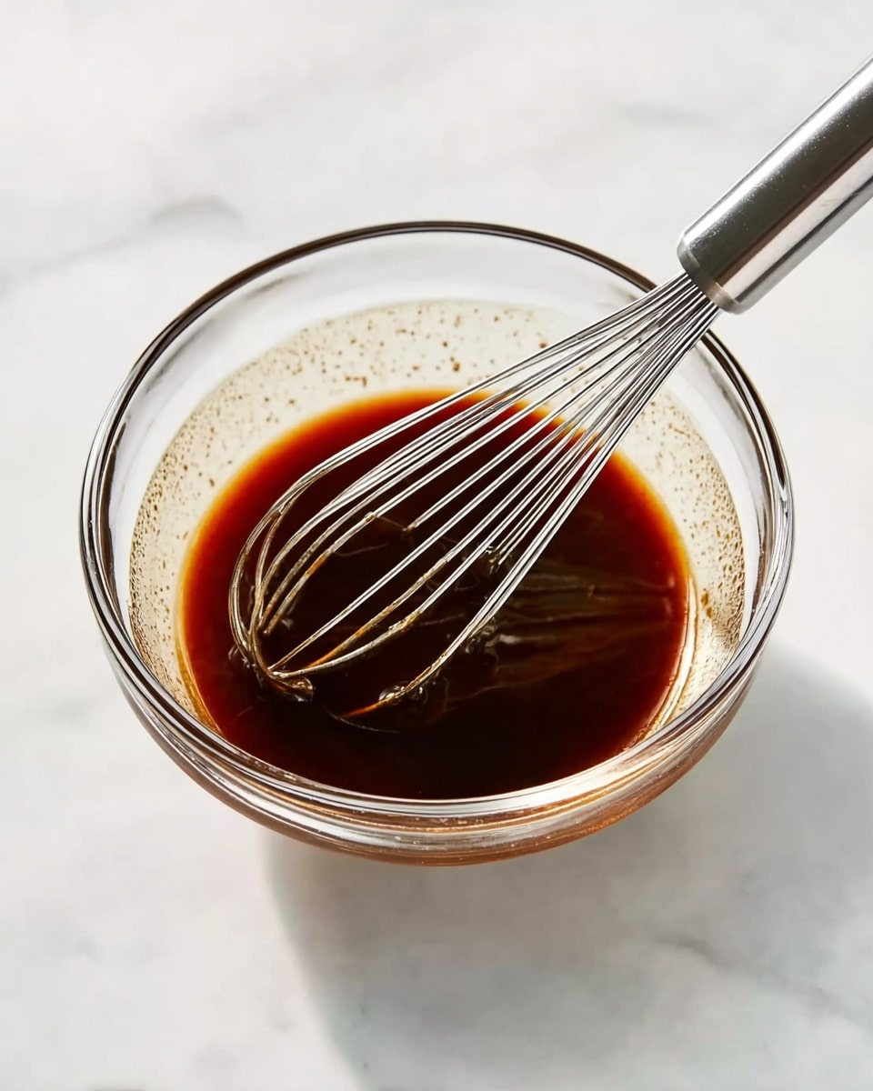 A clear glass bowl with a shiny metal whisk inside shows a dark brown liquid sauce. The sauce looks smooth and glossy, filling the bowl about halfway. The bowl sits on a white marbled surface, and soft light creates gentle shadows under the bowl and whisk. The metal whisk’s wires are thin and shiny, partially covered in the dark sauce. Photo taken with an iphone --ar 4:5 --v 7