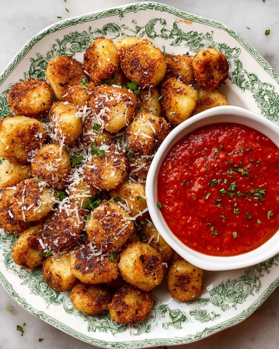 A large white plate with green decorative patterns holds a layer of golden-brown, round gnocchi, seasoned with specks of black pepper and light white grated cheese scattered on top. The gnocchi appear crispy and are garnished with small pieces of green herbs. On the right side of the plate, there is a white bowl filled with thick, vibrant red marinara sauce, sprinkled lightly with green herbs. The plate sits on a white marbled surface, and the whole image is shot from above, showing a well-arranged, appetizing snack. photo taken with an iphone --ar 4:5 --v 7