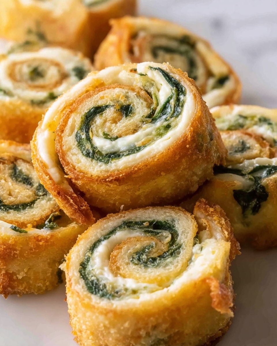 The image shows several round, spiral-shaped rolls made of a light golden brown outer layer that looks crispy and slightly toasted. Inside each roll, there are thin, green leafy layers tightly wrapped in white creamy or cheesy filling, creating a clear pattern of spirals from the center to the edge. These rolls are closely stacked, with the focus on two rolls in the front center. The background is a white marbled surface that contrasts well with the warm tones of the rolls. Photo taken with an iphone --ar 4:5 --v 7