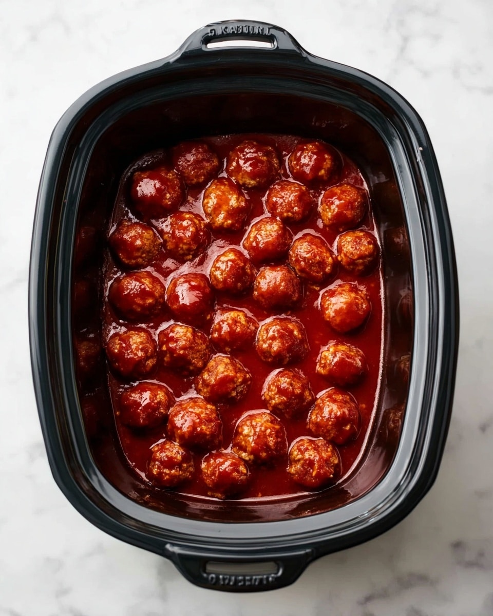 A black rectangular slow cooker filled with round meatballs covered in thick, shiny red sauce that looks a bit sticky. The meatballs are mostly arranged in a single layer, evenly spaced, with some nestled close together in the center. The slow cooker is set on a white marbled surface, and the handles are visible on both the left and right sides. The meatballs have a light brown color showing through the sauce, giving a good contrast to the deep red of the sauce. photo taken with an iphone --ar 4:5 --v 7