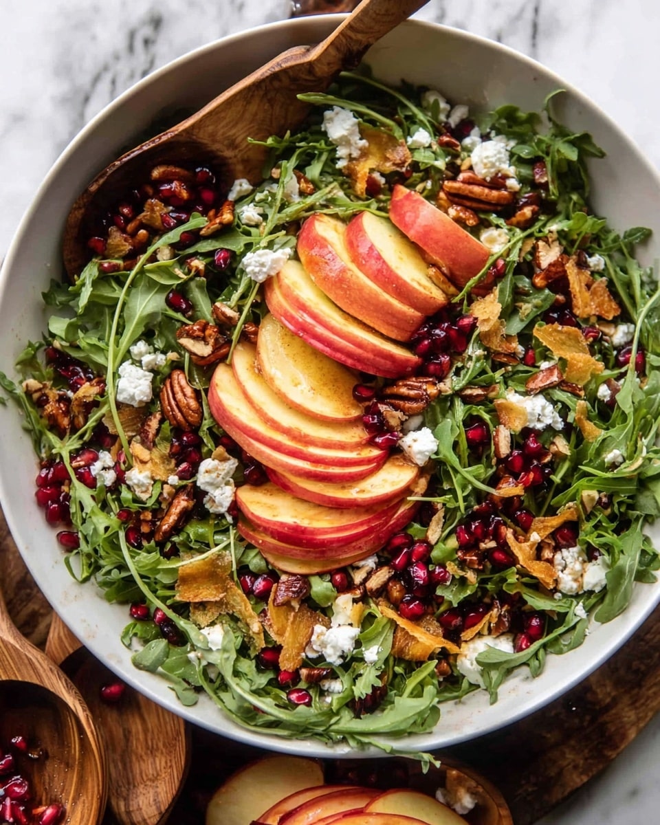 A white bowl filled with a fresh salad that has four layers of thinly sliced red and yellow apples with smooth, shiny skin, arranged in a fan shape on top. Bright green arugula leaves with a slightly rough texture spread all over the salad, mixed with small, white crumbled cheese pieces and dark red pomegranate seeds scattered evenly. Brown toasted nuts and seeds add crunchiness, and some thin, crispy strips of light brown crispy vegetable or fruit slices are visible near the apple slices. The bowl sits on a white marbled surface, and wooden salad spoons are placed around and inside the bowl. Photo taken with an iphone --ar 4:5 --v 7