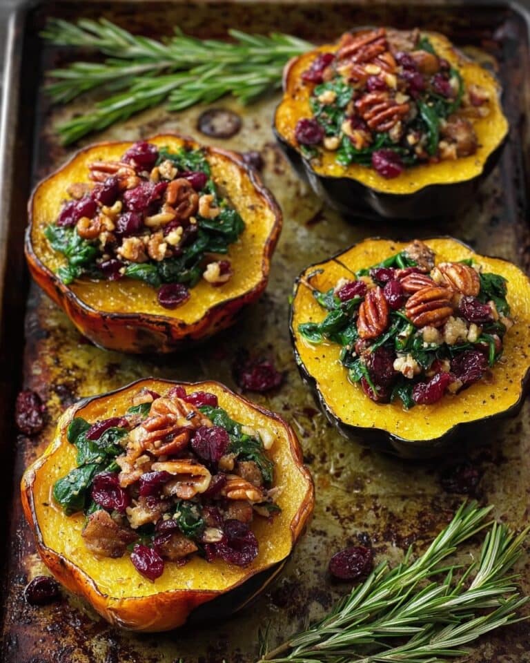 Stuffed Acorn Squash with Sausage, Spinach, Cranberries, and Pecans Recipe