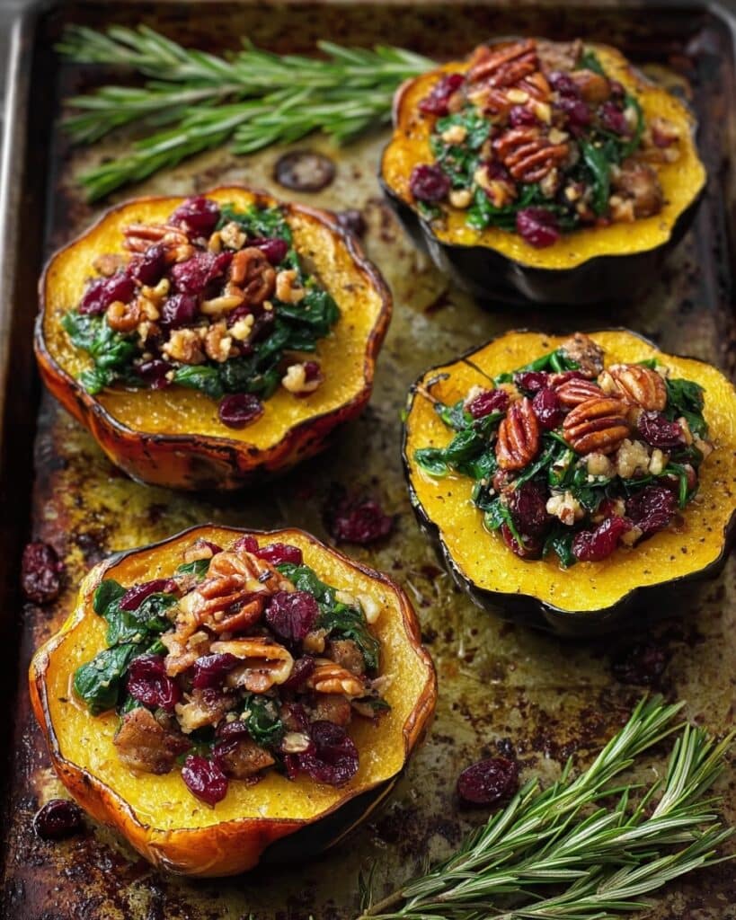 Stuffed Acorn Squash with Sausage, Spinach, Cranberries, and Pecans Recipe