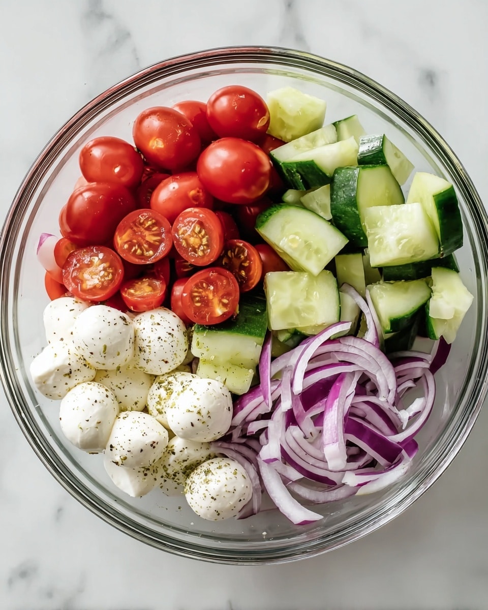 A clear glass bowl sits on a white marbled surface, filled with four layered sections of salad ingredients. The top left section has shiny red cherry tomatoes, some whole and some cut in half showing their juicy interiors. To the right of the tomatoes, thick slices of green cucumber with pale green centers fill the middle right section. Below the cucumbers, the bottom right section holds thin, curved slices of purple-red onion with white centers. The bottom left section contains white mozzarella balls, slightly dusted with black pepper and herbs. The distinct colors and textures of each ingredient create a fresh, vibrant look. Photo taken with an iphone --ar 4:5 --v 7