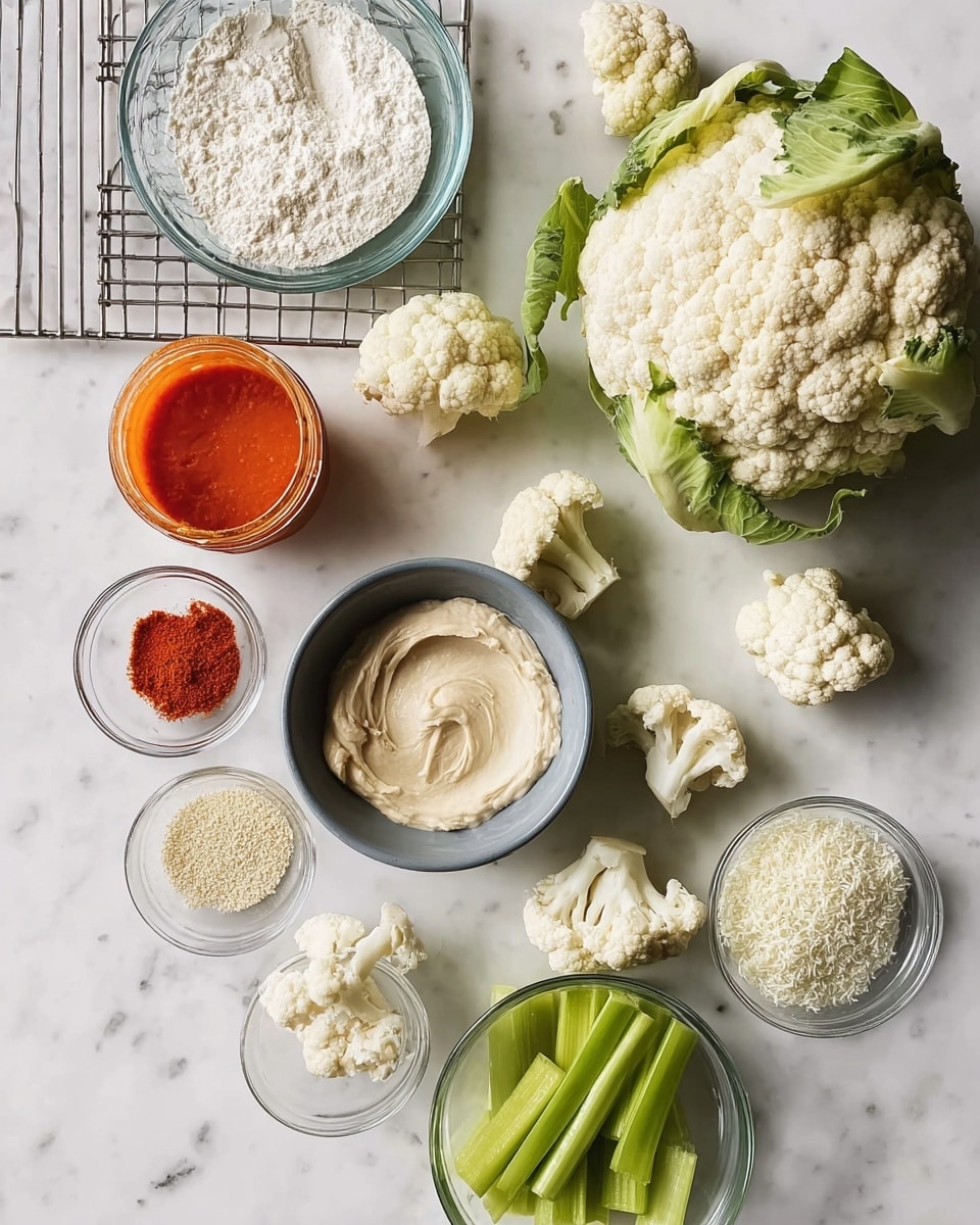 The image shows a top view of various ingredients for a cooking recipe arranged on a white marbled surface. On the right side, there is a large white cauliflower head with green leaves, and around it are several cauliflower florets scattered, showing a creamy white color with a rough texture. Near the top left, there is a clear bowl filled with white flour, and next to it is a jar with bright orange-red sauce. Below, there is a gray bowl filled with a thick, pale beige creamy sauce swirled smoothly. Small round clear bowls hold a red powder spice and light beige breadcrumbs, placed near the bottom left. To the right, a small clear bowl contains white powder flour, and next to it is another clear bowl filled with fresh green celery sticks with crisp texture. A metal cooling rack is partially visible on the far left edge. The composition is neat, simple, and well-lit, showcasing natural colors and textures clearly photo taken with an iphone --ar 4:5 --v 7
