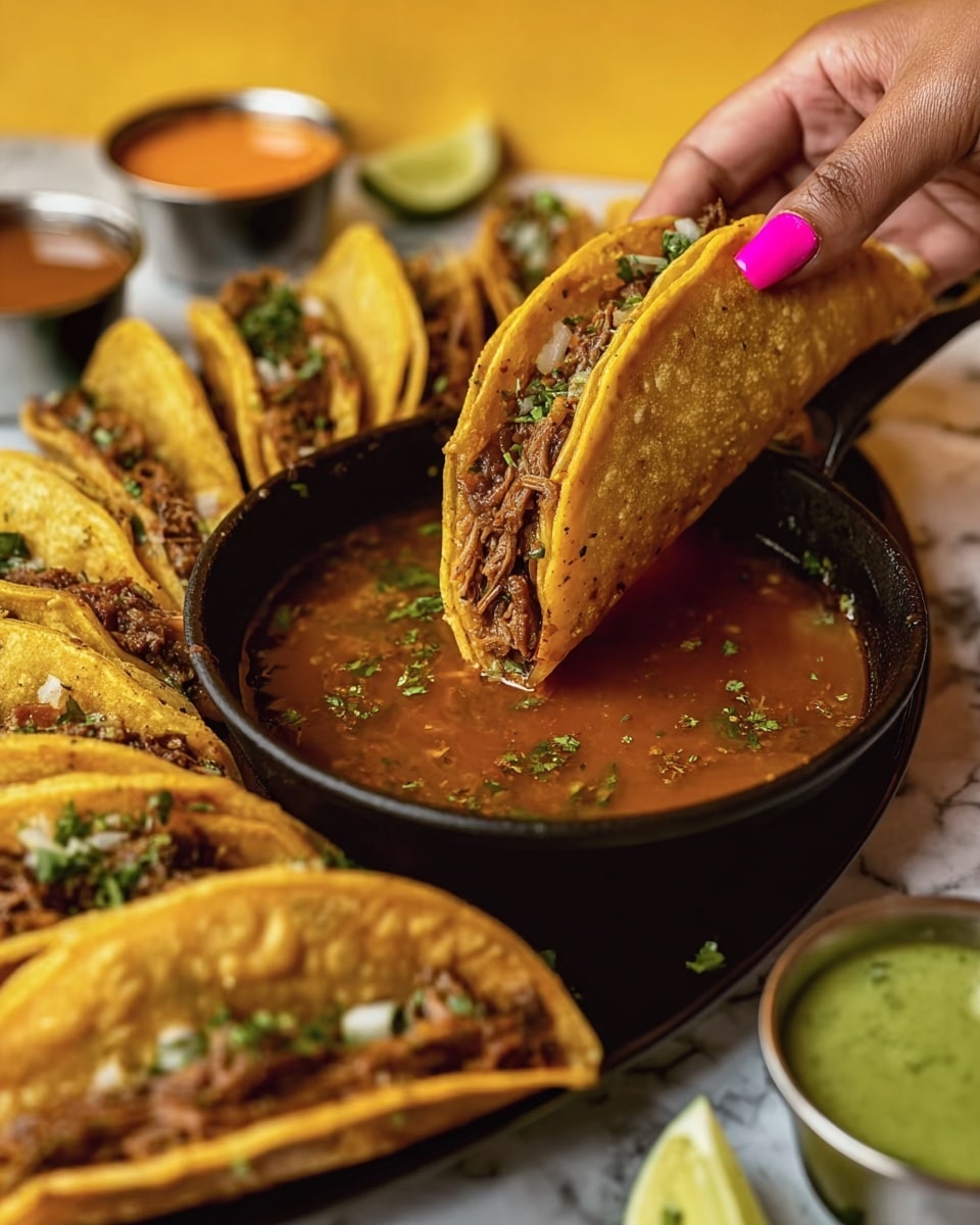 A close-up view of several tacos arranged around a black skillet filled with a red-brown broth, one taco being held by a woman's hand with bright pink nail polish dipping into the broth. Each taco has a golden, slightly crispy tortilla shell folded over a dark brown shredded meat filling mixed with small bits of green herbs and onions. The tacos rest on a black plate on a white marbled surface, with lime wedges and small metal bowls of green and orange sauces placed nearby. The background is softly blurred with warm yellow tones. photo taken with an iphone --ar 4:5 --v 7