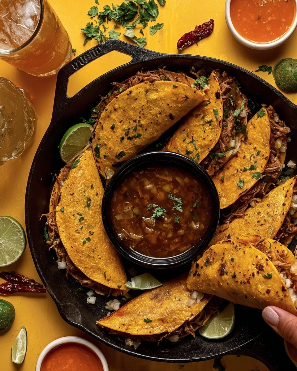 A black cast iron skillet is filled with several folded, golden-orange tacos stacked around a small black bowl of brown, broth-like dipping sauce with visible herbs and small diced vegetables, topped with a small sprig of parsley, placed in the center of the skillet. The tacos are stuffed with shredded meat mixed with finely chopped onions and green herbs, and each taco has a slightly crispy, textured outer shell with some darker spots. Lime wedges are placed around the tacos inside the skillet, along with some fresh parsley sprigs scattered around the scene. The skillet rests on a bright yellow surface, with a glass of iced drink and a small white bowl of orange sauce also visible near the edges, along with a few dried red chili peppers. A woman's hand can be seen holding one of the tacos from the left side. photo taken with an iphone --ar 4:5 --v 7