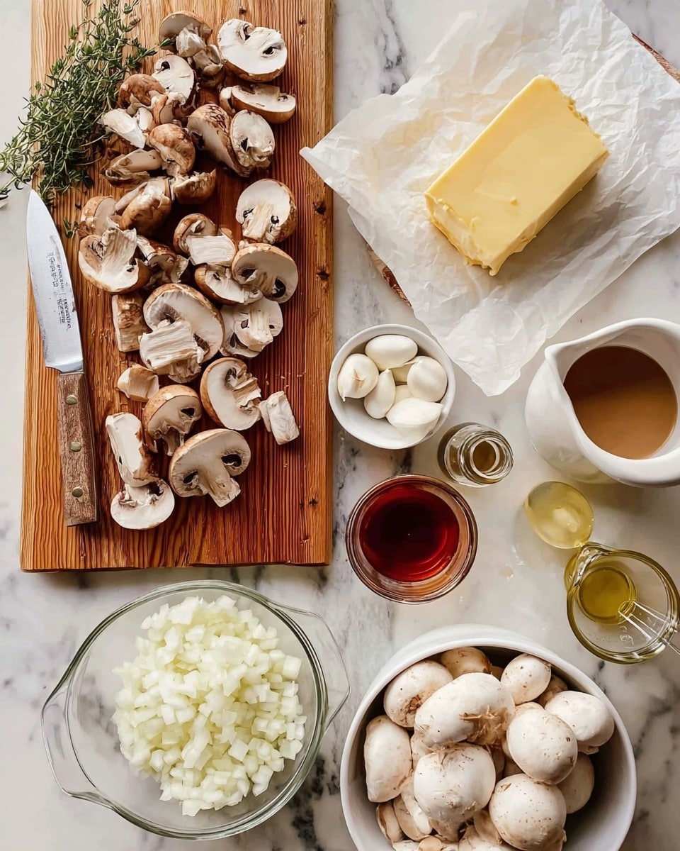 The image shows a wooden cutting board on a white marbled surface. On the cutting board, there are sliced brown mushrooms scattered around a large knife with a wooden handle. To the top right, there is a block of butter with some slices cut off, resting on white parchment paper. Next to the butter is a small white bowl with garlic cloves. Below the cutting board, there is a clear glass bowl filled with finely chopped white onions. To the right of that, a white bowl is filled with whole white mushrooms. Around the bowls, there are several containers: a glass measuring cup with brown liquid, a small glass of cream, a bottle with light yellow oil, and a small cup with a dark liquid. A sprig of green herbs lies near the top left corner of the cutting board. The photo taken with an iphone --ar 4:5 --v 7