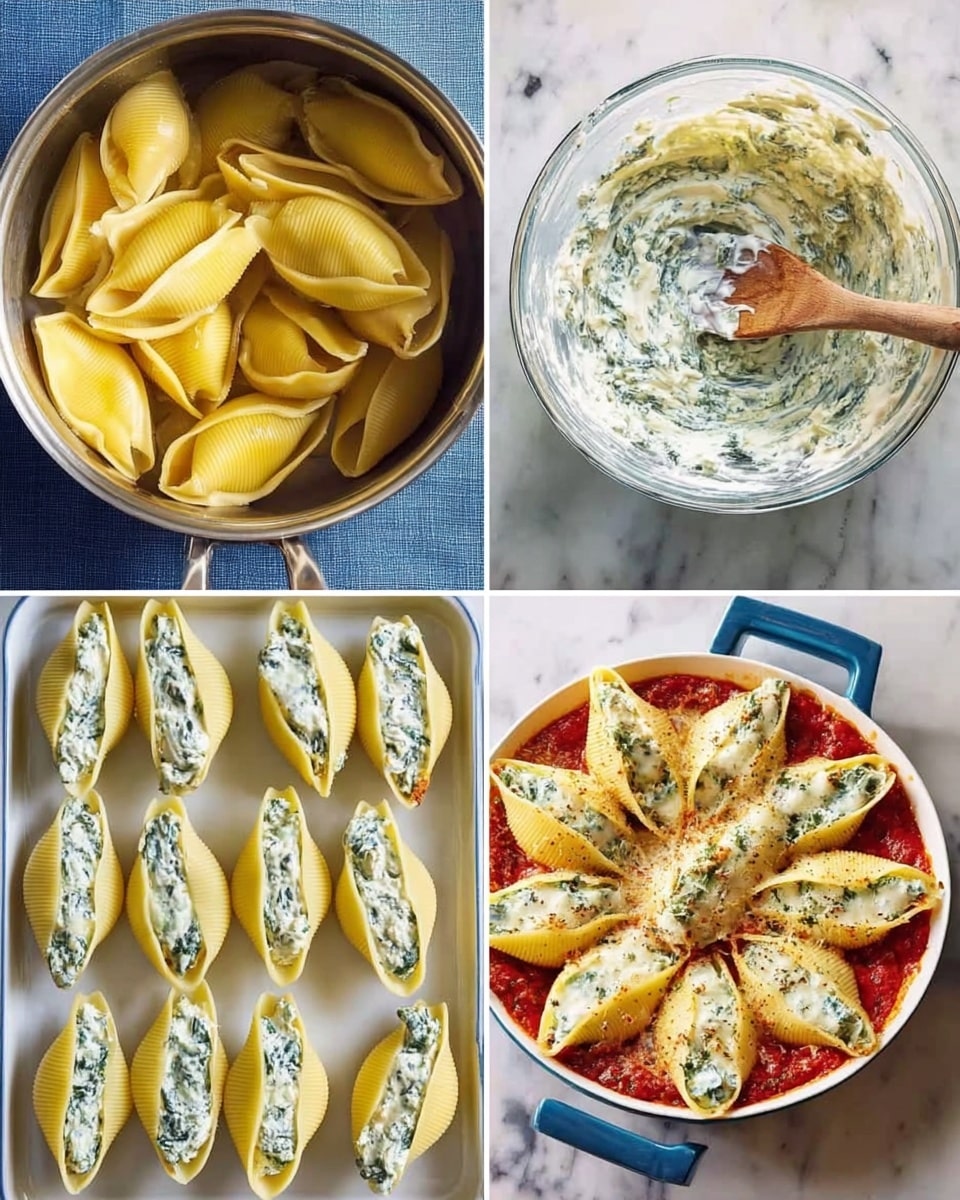 The image shows four steps of making stuffed pasta shells arranged in a grid. The top left shows large yellow pasta shells in a metal pot on a blue cloth. The top right shows a glass bowl with a thick white sauce mixed with green herbs, a wooden spoon is inside the bowl. The bottom left shows the pasta shells laid out on a white tray, each shell filled with a creamy white and green herb mixture. The bottom right shows the filled pasta shells placed in a round white dish with handles, layered on a red tomato sauce, topped with melted golden brown cheese and herbs. The background under the dishes is white marbled texture photo taken with an iphone --ar 4:5 --v 7