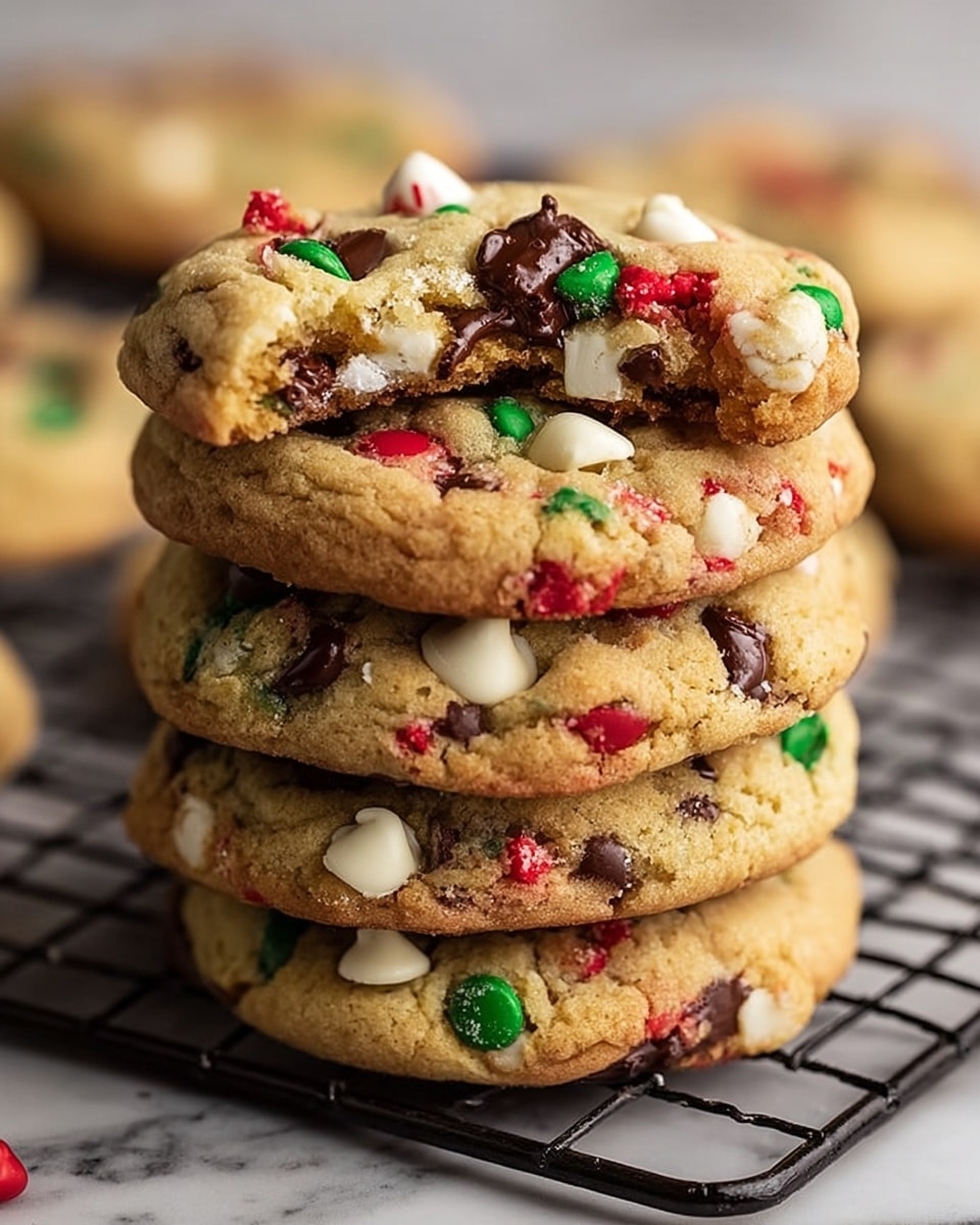 A stack of five soft, golden brown cookies is shown, each cookie mixed with dark chocolate chips, white chocolate chunks, and small red and green candy pieces. The top cookie has a bite taken from it, showing a slightly gooey chocolate-filled center inside. The cookies have a slightly cracked surface with a rough texture, and the colorful candy pieces add pops of color scattered evenly throughout. The stack sits on a black wire rack against a white marbled surface in the background, giving a cozy and festive feel. Photo taken with an iphone --ar 4:5 --v 7