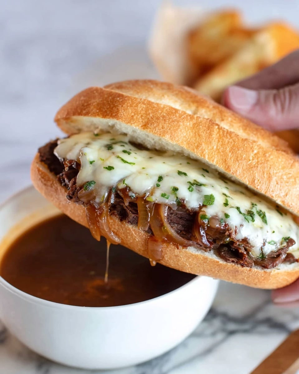 A sandwich held by a person's fingers shows three clear layers inside a soft, light brown hoagie roll. The bottom layer is filled with dark brown sliced meat, topped with a layer of caramelized onions that look glossy and golden-brown. Above that is a thick layer of melted white cheese stretching across the sandwich. Small green herb bits are sprinkled on the onions and cheese. The sandwich is being dipped into a white bowl filled with a rich brown broth. All of this sits on a white marbled surface. Photo taken with an iphone --ar 4:5 --v 7