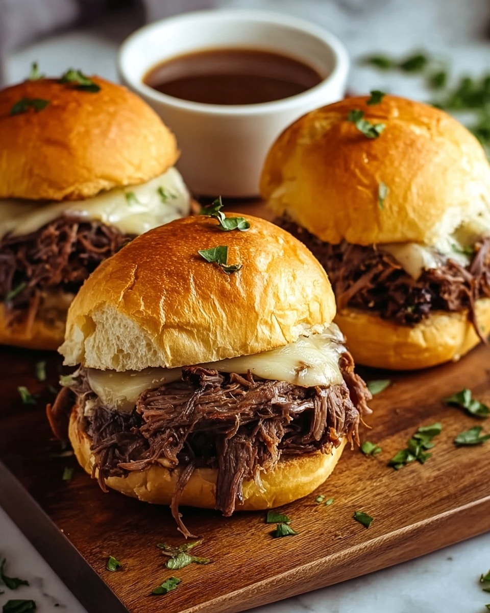 Three pulled beef sandwiches are shown, each made with a soft, golden brown toasted bun. The bottom layer is the bun, slightly toasted with a light golden crust. On top of that, there is a thick layer of dark brown pulled beef mixed with a smooth, shiny layer of melted cheese that oozes slightly over the meat. The top bun is placed on the beef, with a few small pieces of fresh green herbs sprinkled on the golden surface. The sandwiches are arranged close together on a wooden board, and some scattered green herbs are around them. In the background, there is a small white cup with brown sauce. The surface beneath is a white marbled texture. photo taken with an iphone --ar 4:5 --v 7