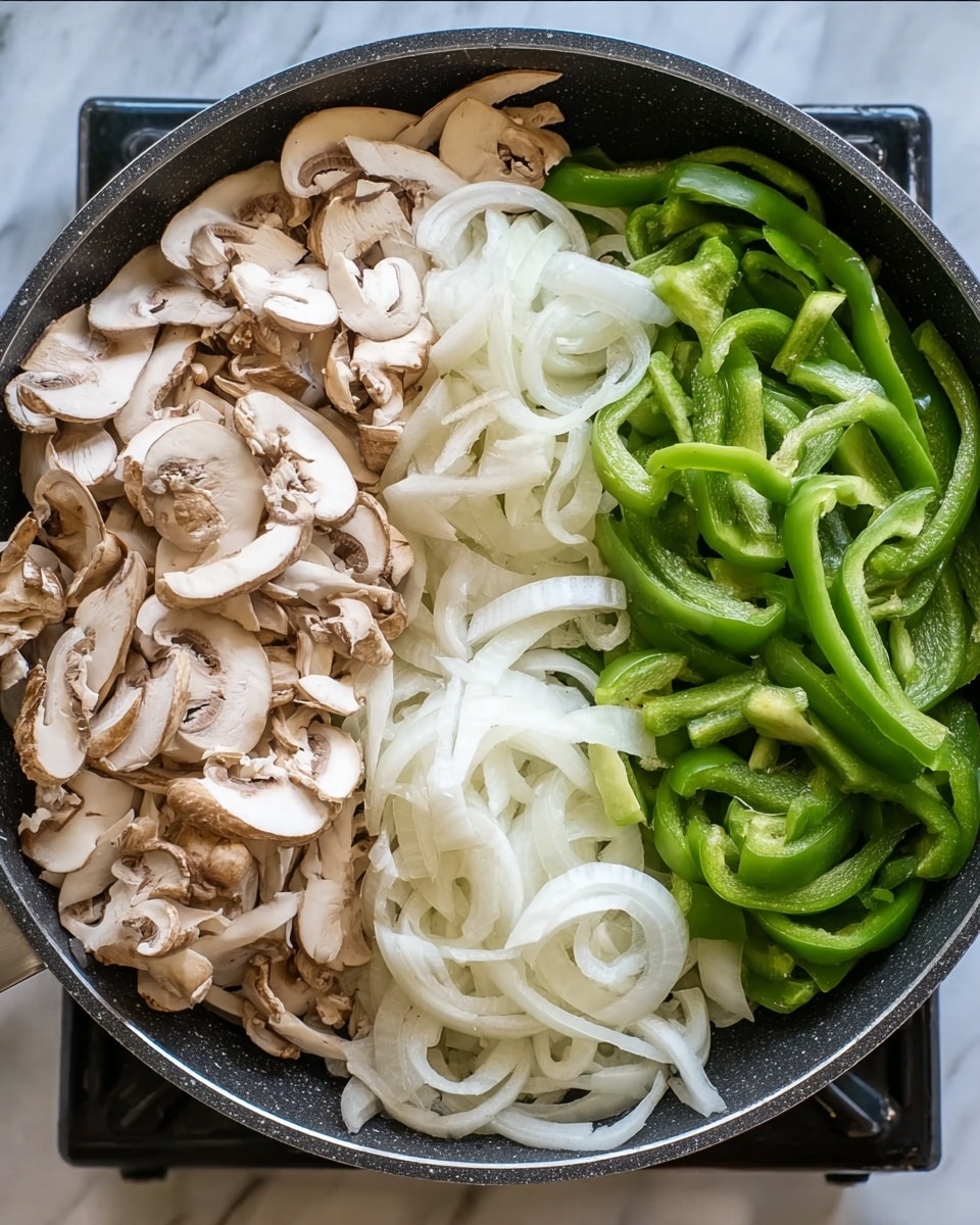 A black pan filled with three main layers of fresh sliced vegetables, arranged side by side. On the left side, there is a thick layer of white and light brown sliced mushrooms with a smooth texture. The bottom right corner has thin, curly white onion slices layered loosely. The top right side is covered with shiny bright green bell pepper strips, cut long and thin. The pan sits on a white marbled surface. Photo taken with an iphone --ar 4:5 --v 7