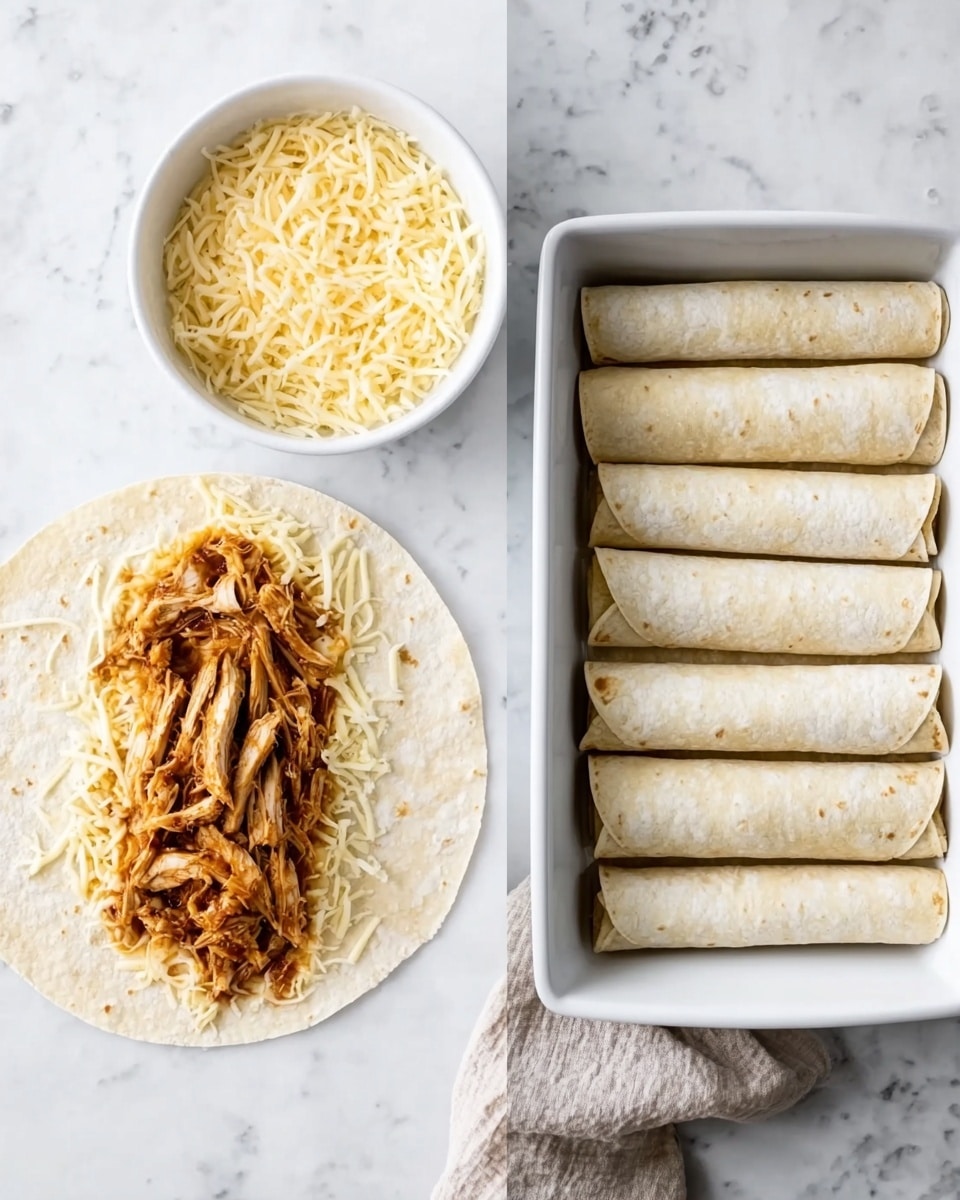 The image shows two scenes side by side on a white marbled surface. On the left side, there is a flat round tortilla with a layer of shredded cheese topped with strips of cooked, brownish shredded chicken placed in the middle. Above the tortilla, there is a white bowl filled with shredded cheese. On the right side, there is a white rectangular baking dish holding seven rolled tortillas placed side by side in neat rows. Each tortilla roll has a light beige color and appears to be filled inside but closed on the outside. A beige cloth is partially visible in the bottom right corner of the left image. Photo taken with an iphone --ar 4:5 --v 7