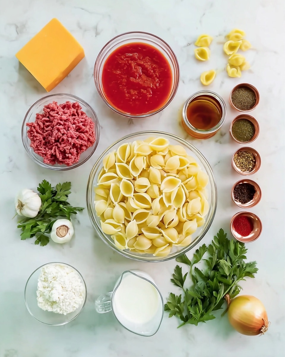 The image shows ingredients for a pasta dish arranged neatly on a white marbled surface. In the center, there is a clear glass bowl filled with uncooked shell-shaped pasta, pale yellow in color with a smooth texture. Surrounding it, from top left to bottom right, are a clear glass bowl of bright red tomato sauce, a block of orange-yellow cheese, a small bunch of green parsley leaves, and three small pasta shells scattered. On the top right, there is a glass jar with brown liquid, and next to it are five copper measuring spoons filled with different spices in green, red, and black colors. To the bottom left of the pasta, a clear glass bowl holds raw red ground meat, and a small glass bowl below it contains white cream. Below that, a small white pitcher with olive oil and a small mound of flour lie next to another bunch of parsley. To the right, there is a small clear bowl with chopped garlic, a whole yellow-brown onion, and some more pasta shells scattered around. Photo taken with an iphone --ar 4:5 --v 7