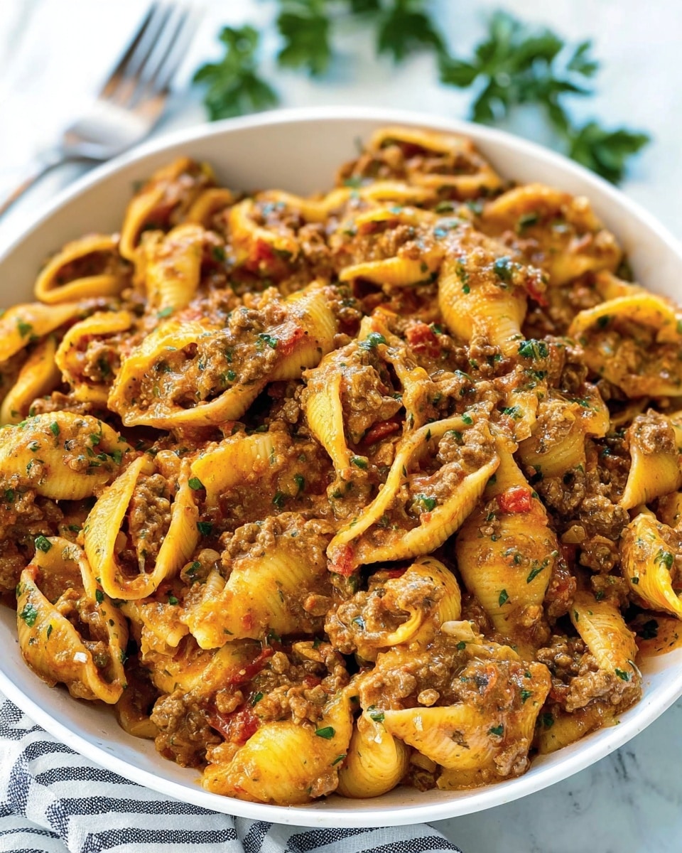 A large white bowl filled with many pasta shells, each shell stuffed and coated with a creamy, brownish meat sauce mixed with small bits of green herbs and red tomato pieces. The sauce looks rich and thick, covering all the shells evenly. The bowl is placed on a white marbled surface, with a fork and a striped cloth slightly blurred in the background. A few green parsley leaves are seen as garnish at the back of the bowl. The dish has a warm, comforting look with a mixture of yellow, brown, red, and green colors throughout. Photo taken with an iphone --ar 4:5 --v 7