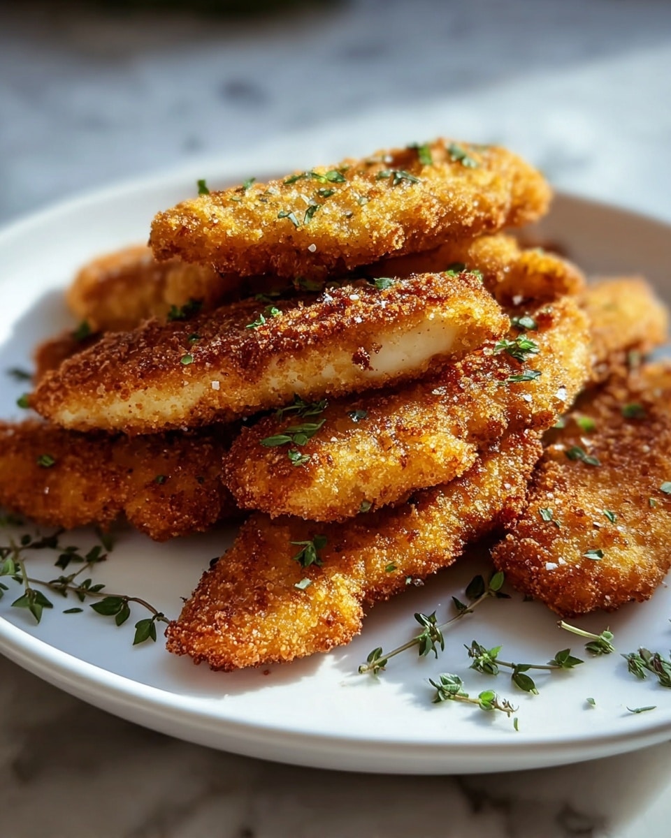 A white shallow plate holds a pile of seven golden-brown fried fish fillets, each coated in a crispy crumb layer with a slightly rough texture. The fillets are arranged in overlapping layers, showing off different shapes and sizes, with some fillets stacked on top of others. Small green herb pieces are sprinkled evenly over the fish, adding color contrast, and a few herbs are scattered on the white marbled surface below the plate. The lighting highlights the crunchy texture and the warm tones of the fish, with a soft focus on the background. photo taken with an iphone --ar 4:5 --v 7