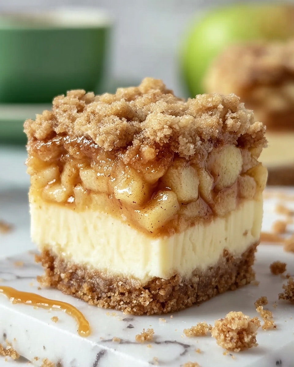The image shows a small dessert with four clear layers. The bottom layer is a dense, crumbly light brown crust. Above it, there is a thick, creamy, pale yellow layer that looks smooth and soft. The third layer is made of small, golden-brown apple pieces coated with a shiny cinnamon sauce, adding a warm color contrast. The top layer is a crumbly, coarse streusel with different shades of light brown. The dessert is placed on a white marbled surface with some crumbs around it. In the background, there are blurred shapes of a green cup and another dessert. Photo taken with an iphone --ar 4:5 --v 7