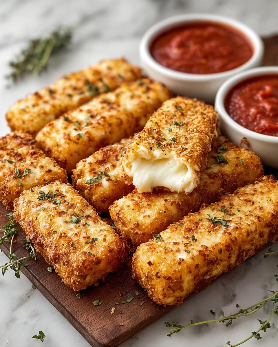 The image shows a wooden board on a white marbled surface with ten golden-brown rectangular mozzarella sticks arranged closely in three rows. Each stick has a crispy, textured coating with some browned spots and small green herb sprinkles on top. One mozzarella stick is slightly separated in the middle, revealing melted, white, stretchy cheese inside. Two white bowls filled with rich red marinara sauce sit behind the mozzarella sticks, slightly blurred. Small green herb sprigs are scattered on and around the wooden board. Photo taken with an iphone --ar 4:5 --v 7
