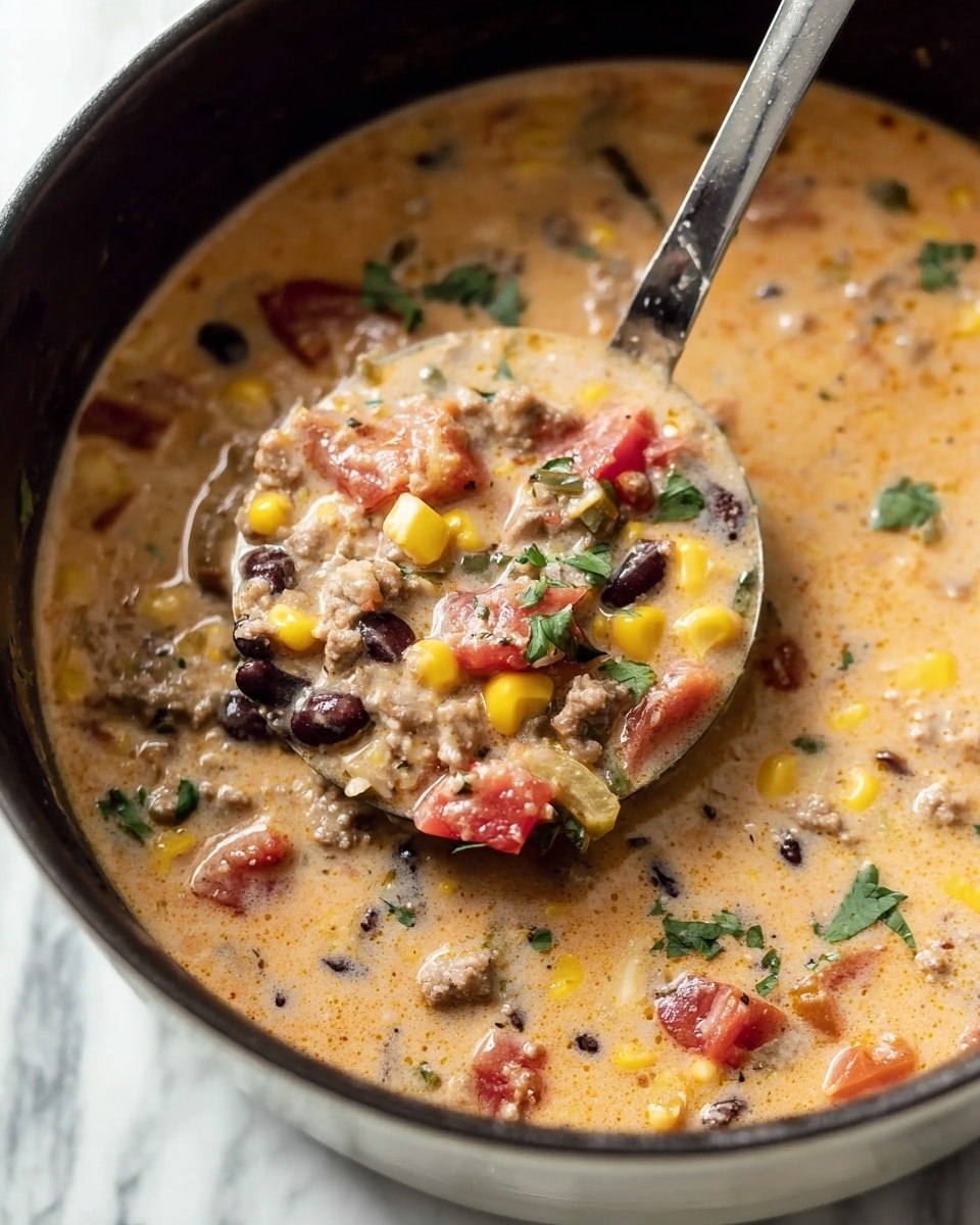 This image shows a close-up of a ladle full of creamy soup inside a black pot. The soup has a thick, light orange base with visible pieces of diced red tomatoes, yellow corn kernels, black beans, and ground meat mixed in. Scattered green herbs are sprinkled throughout the soup, adding fresh color. The ladle is silver and captures a lot of the mixed ingredients, showing their chunky texture and varied shapes. The background where the pot sits has a white marbled texture. photo taken with an iphone --ar 4:5 --v 7
