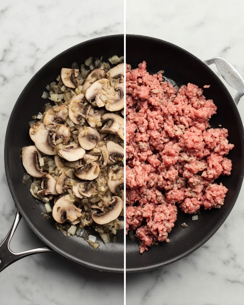 The image shows two side-by-side views of food cooking in a black skillet with a gray handle, placed on a white marbled surface. The left side has a layer of sliced light brown mushrooms mixed with small pieces of cooked onions, both showing a soft and slightly golden texture, spread evenly across the pan. The right side shows raw ground meat with a pinkish-red color, loosely piled and scattered in the pan, displaying a fresh and slightly chunky texture. The skillet sides are visible and the cookware looks well-used but clean. Photo taken with an iphone --ar 4:5 --v 7